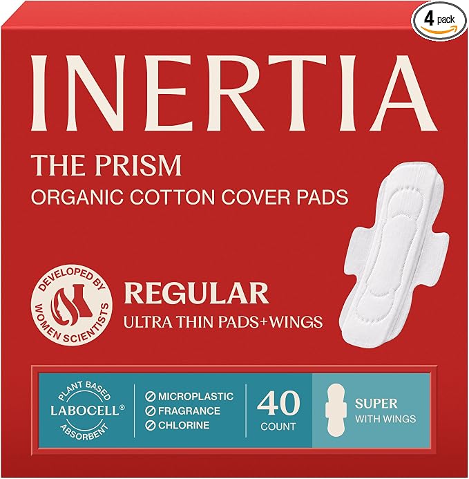 INERTIA The Prism Red – Truly Organic, Ultra Thin & Leak-Proof Korean Cotton Pads with Wings | Regular Absorbency | Hypoallergenic, Super Absorbent, Chlorine-Free & Fragrance-Free (40 Count)