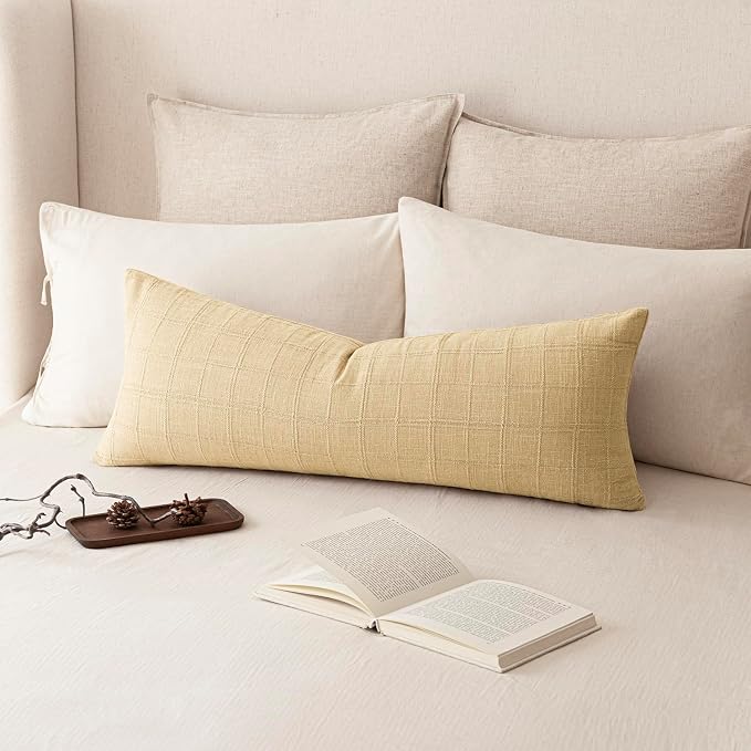 Foindtower Set of 2 Decorative Linen Check Throw Pillow Covers Neutral Farmhouse Vintage Cushion Covers Cozy Modern Boho Accent Home Decor for Sofa Chair Couch Bed Living Room,14×36 Inch,Light Yellow