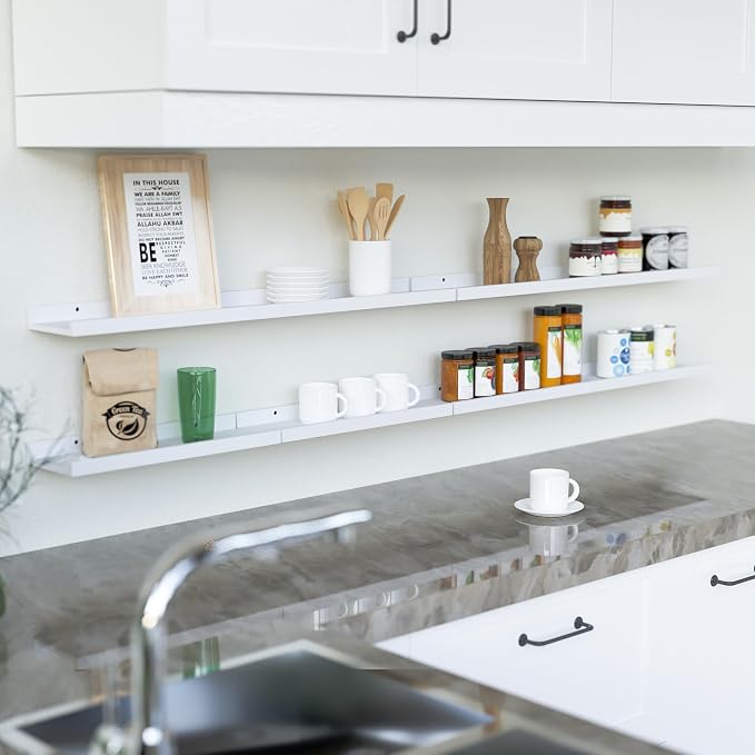 RICHER HOUSE 8 Set Floating Wall Mounted Shelves, Nursery Hanging Book Shelves with Lip for Storage, White Display Picture Ledge Shelf for Bedroom Bathroom Kitchen Living Room Wall Decor, Modern White | Display Picture Ledge Shelf, Anti-drop lip Shelf ...