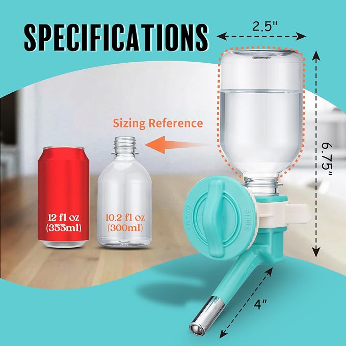 Choco Nose Patented No-Drip Water Bottle/Feeder for Puppies/Toy-Small Breed Dogs/Rabbits/Cats/Chinchillas and Other Small Pets and Animals - for Cages or Crates 10.2 oz. Nozzle 13mm, Aqua (C528)