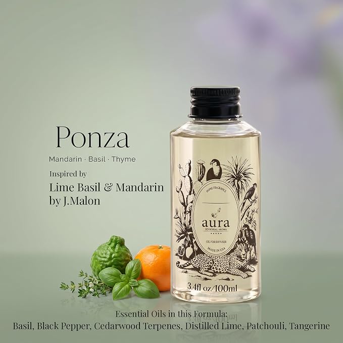 A U R A - Ponza Fragrance Oil for Waterless Scent Diffuser - Inspired by J. Malone Lime Basil Mandarin | 3.4 fl oz / 100 ml Essential Oil Blend for Aromatherapy & Hotel Collection Diffuser
