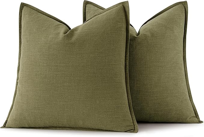 MIULEE Decorative Linen Euro Sham Pillow Covers 24x24 Inch Green | Boho Farmhouse Neutral Couch Throw Pillows for Bed, Pack of 2 Accent Modern Pillowcases, Sofa Livingroom Home Decor