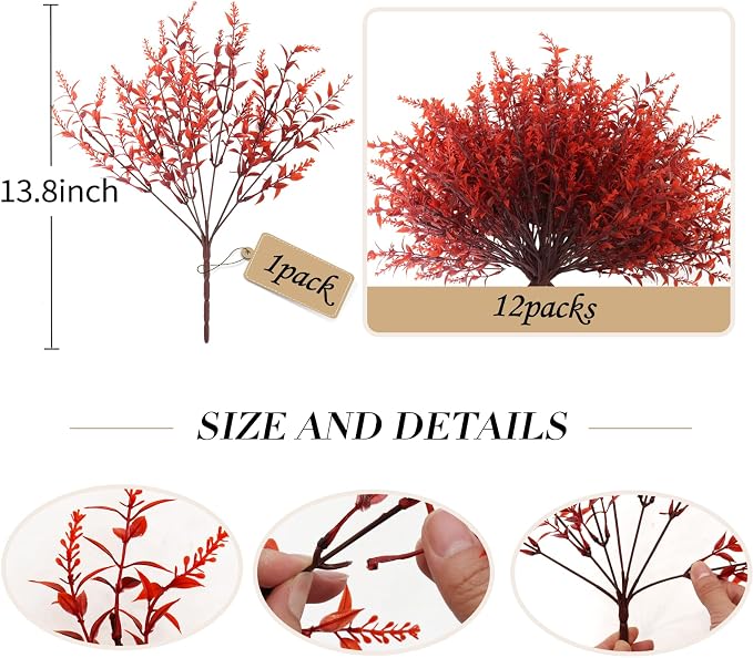 RECUTMS Fake Fall Plastic Flowers Artificial Plants UV Resistant Flowers | 12Pc,Fall Burgundy Decor,Fake Autumn Plants Faux Outdoor Plastic Faux Greenery for Party Yard Balcony Thanksgiving Decoration