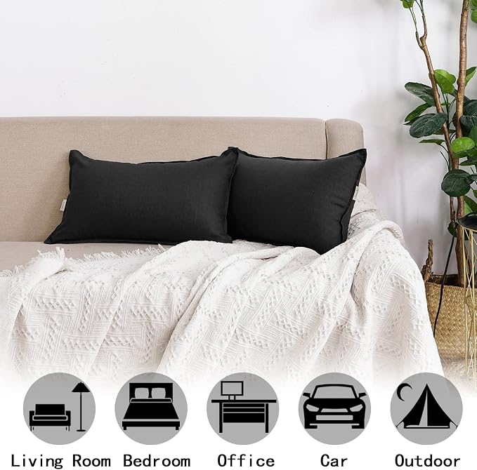 Jeanerlor Cotton Linen Decorative 12"x20" Lumbar Throw Pillow Case Cushion Cover with Twin Needles Stitch on Edge,for Wedding/Party/Gift/Car (30 x 50cm), Black