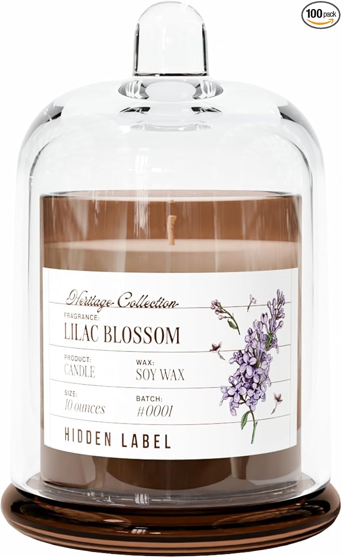 Hidden Label Lilac Blossom Soy Candle, 10oz Bell Jar, Non-Toxic Formula | 55+ Hr Burn | Spring Floral Aromatherapy | Phthalate-Free | Reusable Clear Glass Dome | Birthday & Spa Gift for Women