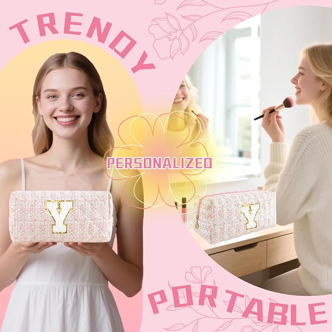 Personalized Quilted Cosmetic Bag, Puffy Monogrammed Christmas Birthday Gifts for Women & Girls, Cute initial Floral Makeup Bag Puffer Coquette Bag, Aesthetic Travel Toiletry Zipper Pouch(Pink,Y)