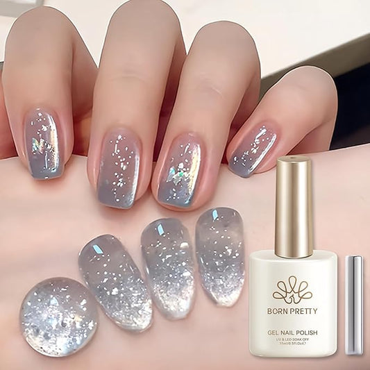 Born Pretty Silver Bubble Cat Magnetic Eye Gel Nail Polish 15ML Spring Summer Bubble Holographic Glitter Jelly Magnetic Gel Polish Reflective Translucent U V Nail Gels for Manicure DIY