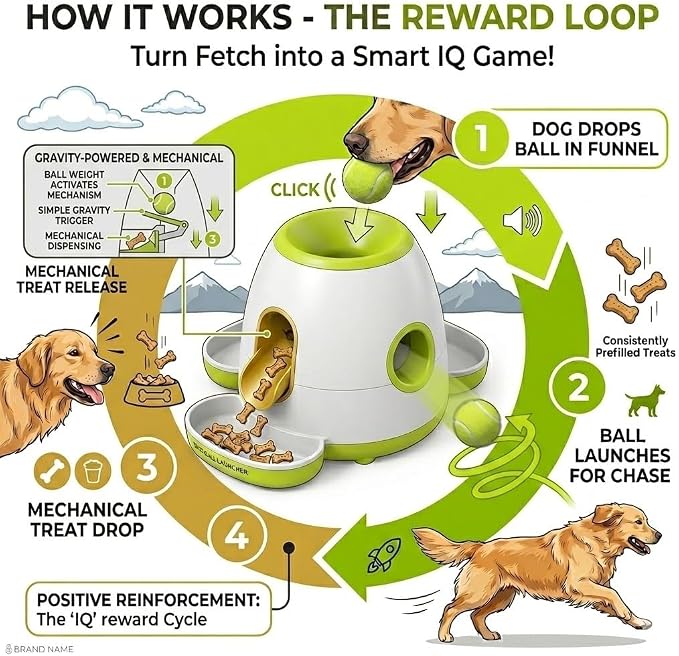 Dog Tennis Ball Launcher with Treat Dispenser, Interactive Puzzle Toy for Dogs, 2-in-1 Fetch Training Machine, Slow Feeder Reward Toy for Medium Large Dogs Indoor Outdoor(B)