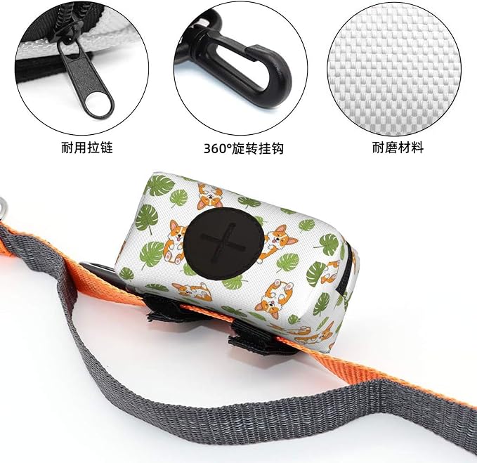 Cute Corgi Funny Fat Dog Tropical Leaves Dog Waste Bag Dispenser Pet Poop Bags Holder Zipper Small Doggy Puppy Pouch