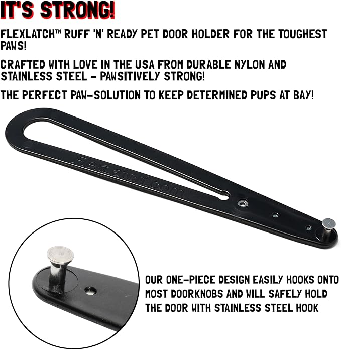 FlexLatch Cat Door Holder Latch - Black Cat Door Alternative Installs Fast Flex Latch Strap Let's Cats in and Keeps Dogs Out of Litter & Food. Safe Baby Proof One Piece No Measuring Extra Easy X-Large