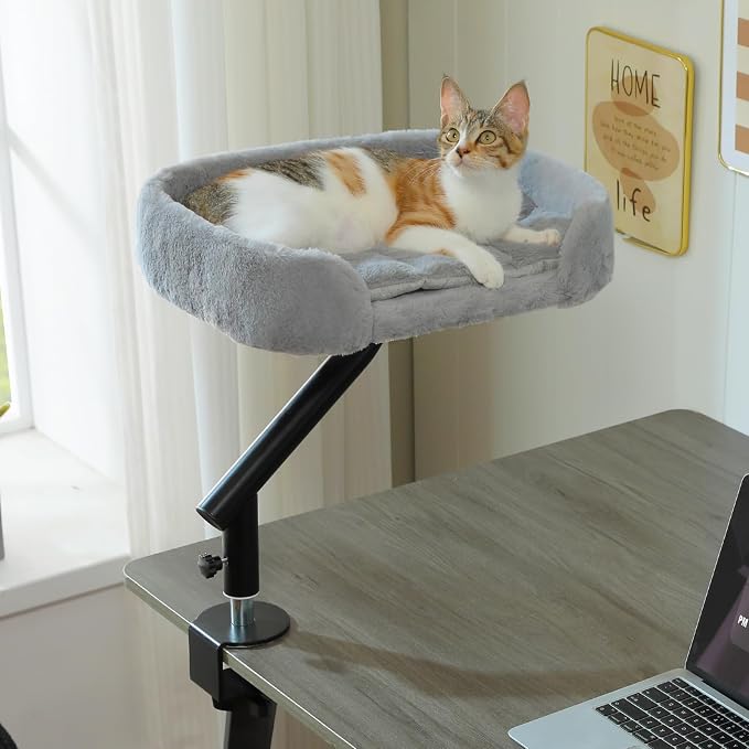 PAWZ Road Cat Desk Bed 360°Rotating Supports to 50 Lbs Cozy Nest for Desk | Elevated Desk Mount Cat Bed with Sturdy Clamp – Fits Desks & Tables, Padded Soft Nest for Cats, Holds Up to 50 lbs