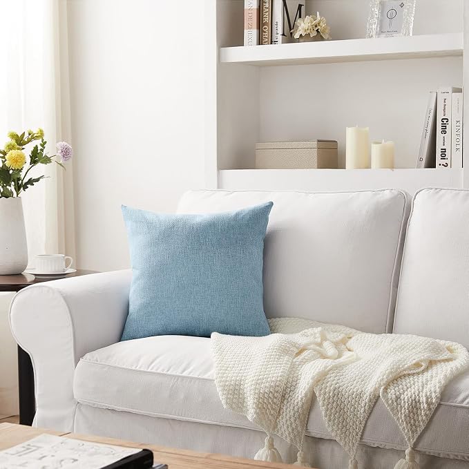 Meekio Set of 2 Light Blue Throw Pillow Covers 16x16, Coastal Linen Blend Decorative Pillow Covers for Couch Sofa Bed, Beach House Home Decor