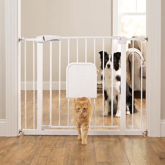 31-46“ Metal Pet Gate with Cat Door, Auto Close,White | Pressure Mounted,Two-way swing door,Pressure mounted no drill setup,adjustable 31-46in width for indoor doorways & stairs