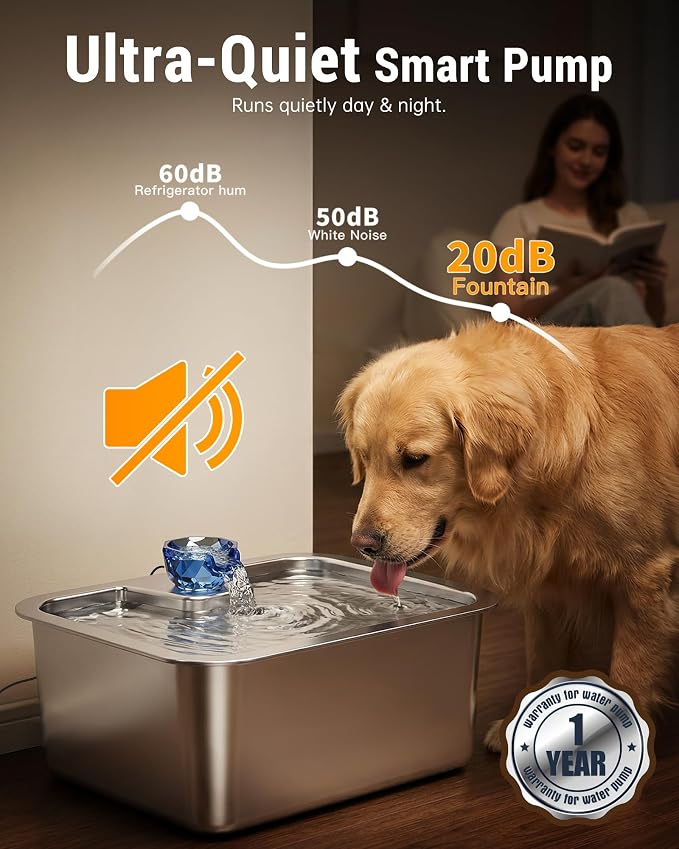 PETNF 2.6-Gallon 304 Stainless Steel Dog Water Fountain for Large Dogs, Extra Wide Drinking Area, Automatic Water Bowl Dispenser for Large Dogs & Multi-Pet Homes, 7-Stage Filtration System, Quiet Pump