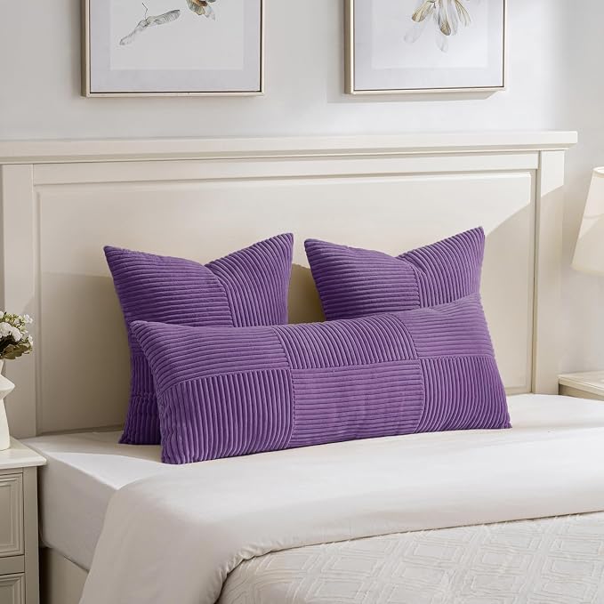Fancy Homi Set of 2, Purple Patchwork Corduroy Decorative Soft Striped Modern Accent Cushion Case Farmhouse Boho Neutral Throw Pillow Covers for Chair Couch Bed Sofa Living Room 36x14 Inch
