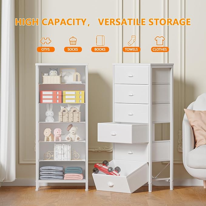 White Dresser for Bedroom, 6 Fabric Drawers Chest of Drawers | Tall Skinny Dresser for Closet, Vertical Storage Tower Unit, Tall Nightstand for Dorm, Living Room, Metal Frame, Wooden Top