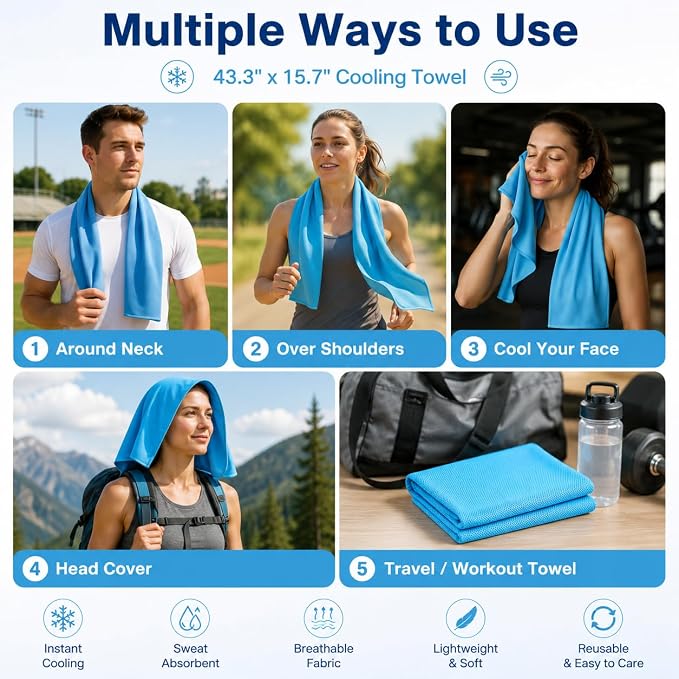 Cooling Towels 43.3" x 15.7" - Ice Towel, Sweat Towel, Cooling Towels for Neck & Face & Cooling Neck Wraps for Summer Heat - Neck Cooler for Quick Cool Down for Gym, Running, Golf, Yoga & Sports
