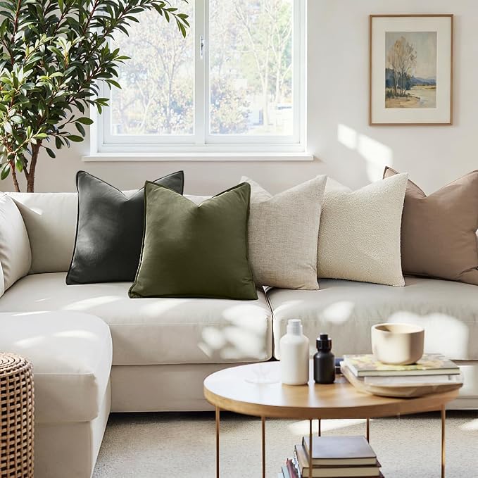 MIULEE Pack of 2 Decorative Linen Pillow Covers 20x20 Inch Olive Green | Boho Farmhouse Modern Accent Throw Pillows, Soft Neutral Cushion Covers, Home Decor for Sofa Couch Bed Living Room