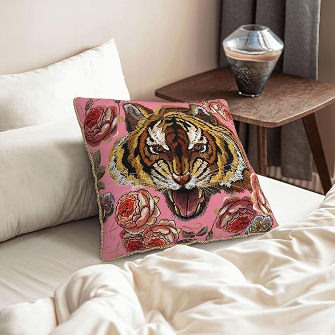 Tiger Floral Pink Velvet Pillow Covers 16x16 Inch Flower Animal Print Throw Pillows for Couch Farmhouse Cushion Covers Pillowcase Modern Pillow Cases for Sofa Bed Living Room Outdoor Decor