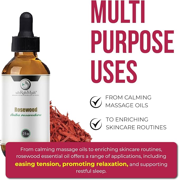 Rosewood Essential Oil (Bois de Rose) 100% Pure Steam Distilled Oil from Aniba rosaeodora Wood – Aromatherapy, Diffuser, Skincare, Massage, DIY Perfumes, Natural Fragrance | Peru | 2 Fl oz