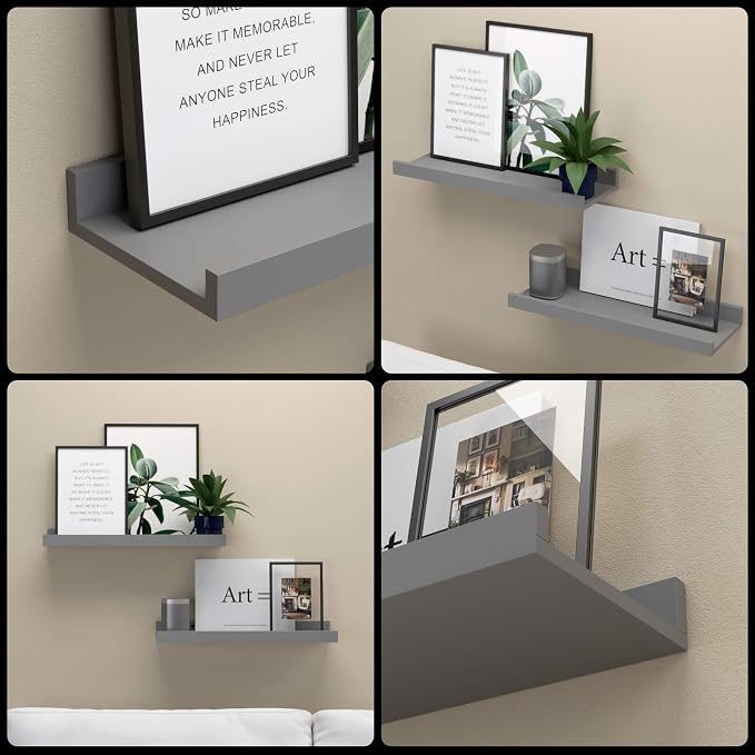 Boswillon Floating Shelves Set of 2, Small Wall Shelf with Lip, 16in, Grey | Display Ledge Shelf for Room Wall, Wall Decor Shelves for Bathroom, Living Room, Bedroom, Kitchen, Nursery Room, Modern, Wood