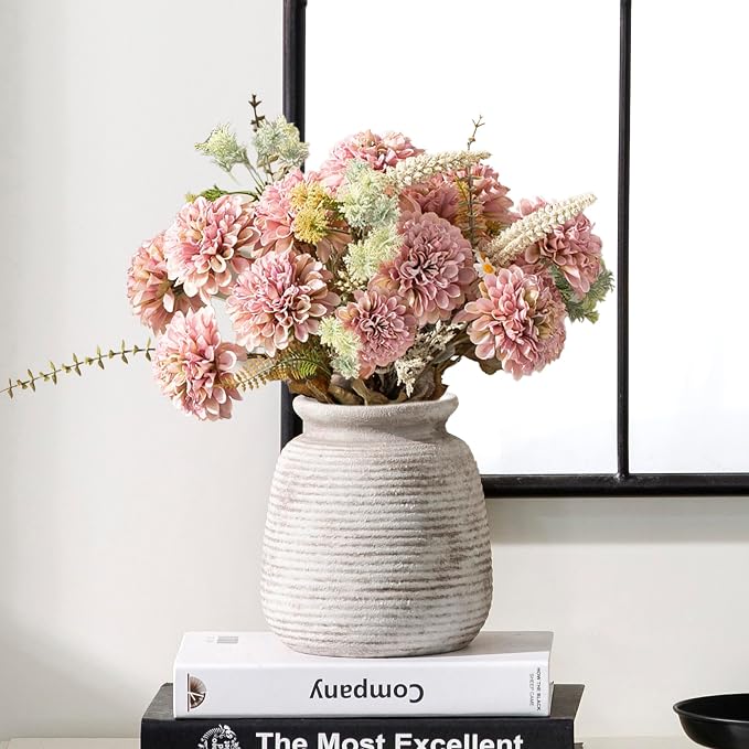 Ceramic Flower Vase, Small Vase Rustic Farmhouse Vases Home Decor Short Pottery Decorative Pampas Vase for Table Living Room Entryway Mantel Bookshelf Bedroom Bathroom Kitchen - 6" D