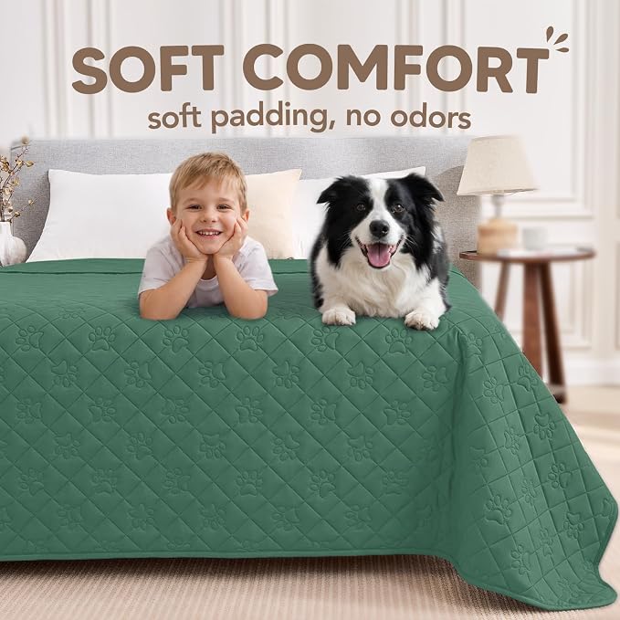 PAWFINITY Waterproof Bed Cover for Dogs, Pet Blanket for Mattress Washable | Paw Print Quilted, Hair Resistant, Anti Cat Scratch, Pee Proof Furniture Protector for Bed, Couch and Sofa, 52x82 Inch, Green
