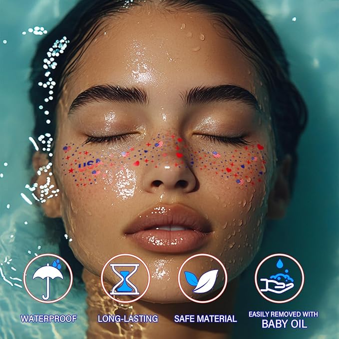 20 Pcs Blue Red and White Glitter Freckles Face Tattoos, Independence Day Glitter Freckles, Waterproof Face Temporary Tattoos for Women and Kids, USA Patriotic, Memorial Day Fake Tattoos