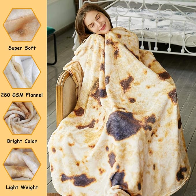SeaRoomy 90 in Burrito Tortilla Blanket, Funny Large Throw Blanket, Brown | Novelty White Elephant Christmas Birthday Gifts, Gag Gifts for Adult Women Men, Soft & Warm Fluffy Flannel, Double Sided