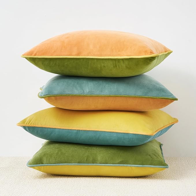 MONDAY MOOSE Decorative Throw Pillow Covers Cushion Cases, Set of 4 Soft Velvet Modern Double-Sided Designs, Mix and Match for Home Decor, Pillow Inserts Not Included (18x18 inch, Yellow/Green)