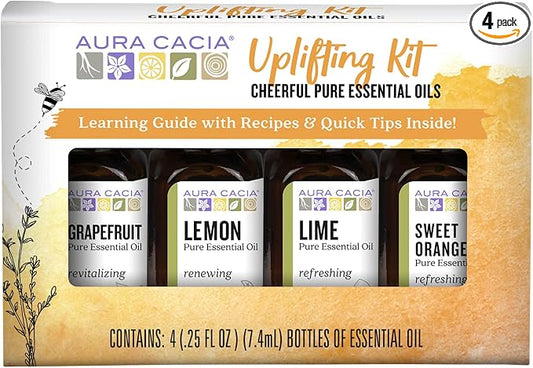 Aura Cacia Cheerful Pure Essential Oils Uplifting Kit, 0.25 fl oz 4-Pack, Grapefruit, Lemon, Lime, Sweet Orange Aromatic Oils