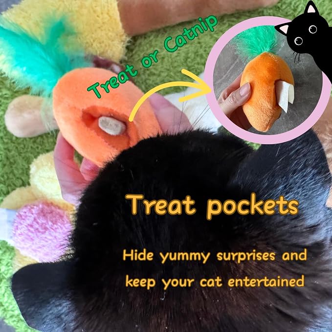 CECE PAW 4 Pack Cat Carrot Feather Toy, Catnip Refillable Toys, Cat Kicker Toy with Treat Pockets and 6 Catnip Pouches