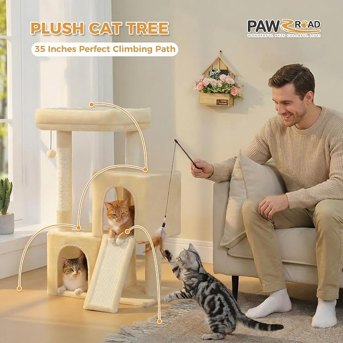 PAWZ Road Cat Tree, 35" Cat Tower with Dual Condos for Indoor Cats, Beige | cat tree tower with enlarged perch, scratching ramp, dual condos and large base for small & adult cats