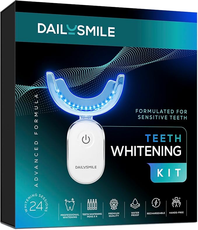 Dailysmile Teeth Whitening Kit with LED - Formulated for Sensitive Teeth, Hands-Free, Waterproof LED Light and 4 Gel Pens, Instant Results