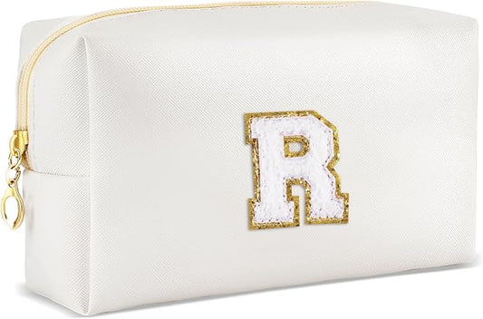 URSKYTOUS Gifts for Girls Initial Makeup Bag Personalized Cosmetic Bag with Zipper Cute Travel Toiletry Bags Waterproof PU Preppy Makeup Pouch Birthday Gift for Teen Girls Women(White R)