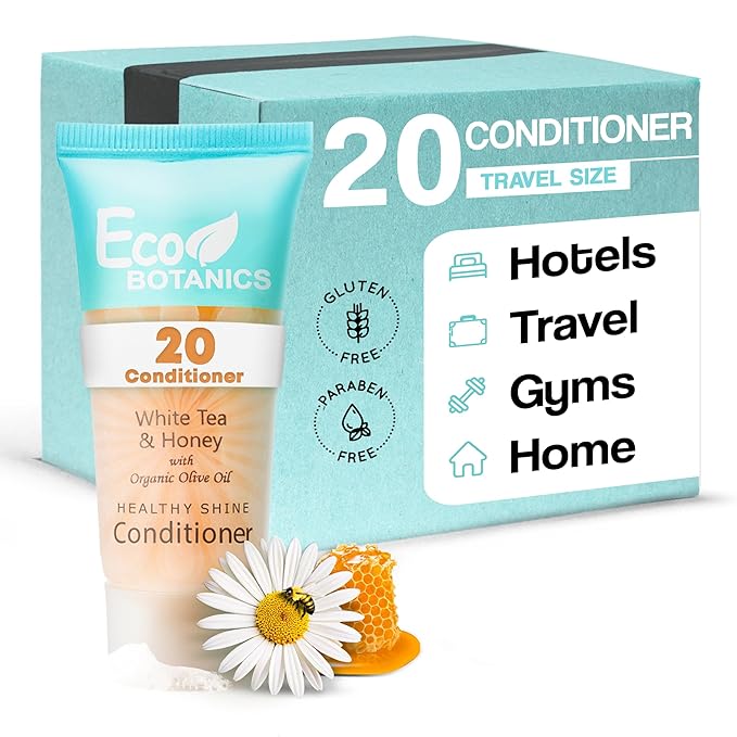 Travel Size Hotel Conditioner 20 Count 0.85 oz Bottles Guest Amenities | Vacation Rentals and Short Term Rentals Paraben Free White Tea Scent Infused with Aloe Honey and Olive Oil by Eco Botanics