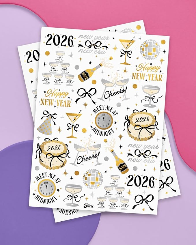 xo, Fetti New Year's Eve Temporary Tattoos - 40 design | 2026 Gold and Silver Foil, NYE Party Accessories, Photo Booth Favors, Glitter Stickers, Girls Night, Glam