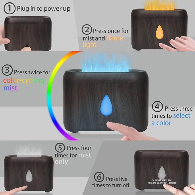 Flame Diffuser for Essential Oils, 200ml Ultrasonic Aroma Diffusers with Cool Mist, Aromatherapy Diffuser with Auto-Off Protection, Small Humidifier for Home,Office,Bedroom,Gift (7 Colors Darkwood)