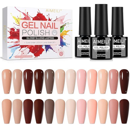AIMEILI Gel Nail Polish Set 12pcs, Hema Free, Cruelty Free, Vegan, Soak Off U V LED Nail Art Manicure Salon DIY at Home for Women - Kit 38