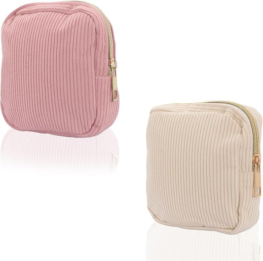 Feminine Corduroy Menstrual Care Bag for Women, Portable Zippered Sanitary Napkin Holder, Cute Travel Cosmetic Pouch for Tampons & Pads