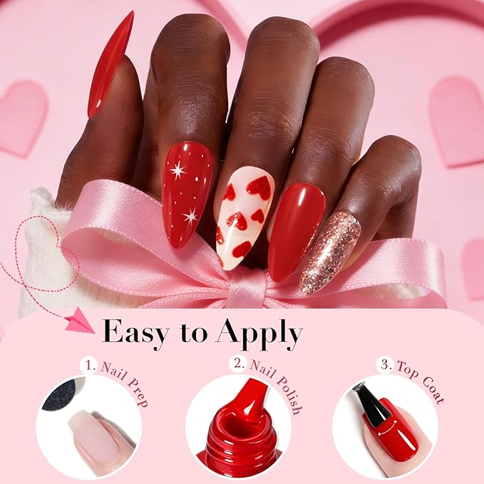 AZUREBEAUTY Red Valentine's Nail Polish Set Quick Dry Silver Glitter Cat Eye 4 Colors Natural Fingernail with Top Coat DIY Salon Home no Gel Women Gifts