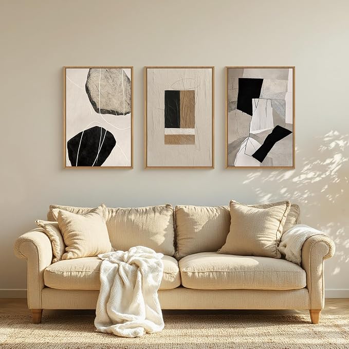 FWIEXA Modern Abstract Wall Art Set of 3, Black White Framed Paintings for Living Room, Neutral Beige Pictures Wall Decor, 16x24 Inch Minimalist Prints for Bedroom, Bathroom, Hallway, Office