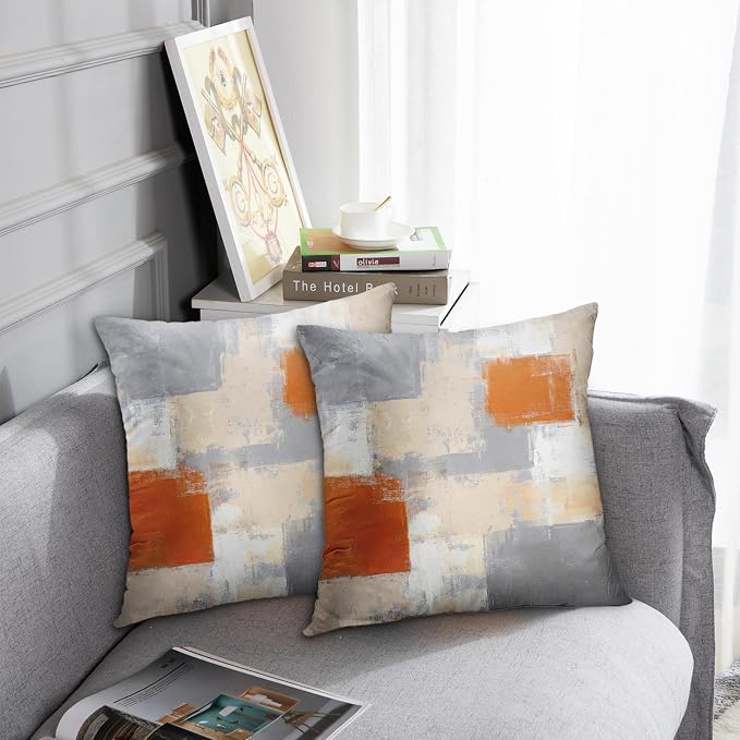 Throw Pillow Covers Set of 2, 20 x 20 Inch, Beige Orange Grey | Abstract Modern Art Outdoor Decorative Square Pillow Cases Couch Cushion Case for Couch Bed Sofa Living Room Home Decor
