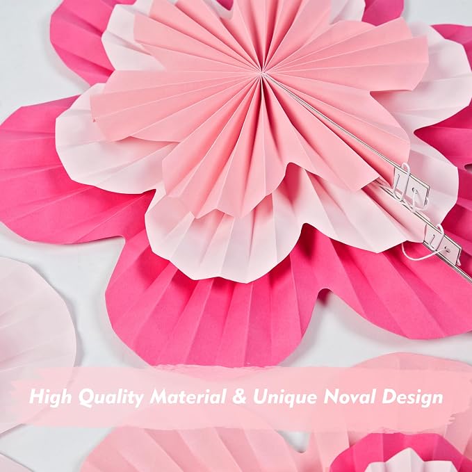 SUNBEAUTY Paper Flowers Decoration, Set of 9 - Hot Pink Paper Flower for Wall Hanging Ornaments, Party Fans & Floral Backdrop for Weddings Baby Showers Birthdays Valentine Mother's Day & More