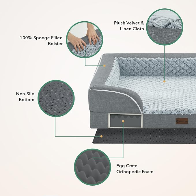 Waterproof Orthopedic Dog Bed for Medium Dogs, 35x22in, Grey | Orthopedic Foam Eases Joint Pressure, Bolsters Supports Head And Neck, Washable Pet Beds, Removable Cover, Non-Slip Bottom