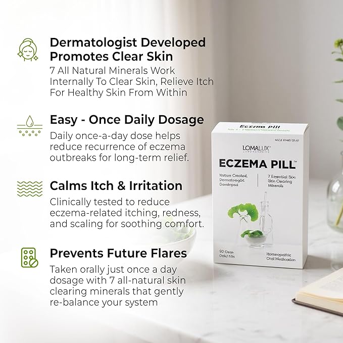 Loma Lux Eczema Pills – Natural Eczema Treatment Relief Remedy – Dermatologist Developed – 7 Minerals Clear & Prevent Severe Eczema Scaling, Rash, Anti Itch Skin Body Face for Adults, Kids, Toddlers