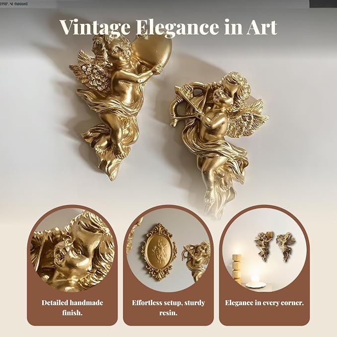 2Pcs Gold Resin Winged Angel Wall Sculptures Wall Hanging Adornment Cherub Cupid 5.3 inch Tall Adorable Angelic Figure Angel Figurines Crafts Vintage Ornament for Wedding Decor