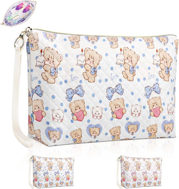 Period Bag for Teen Girls, Quilted Sanitary Napkin Storage Bag, Cute Bears Menstrual Pad Pouch Tampon Holder (Large-Blue)