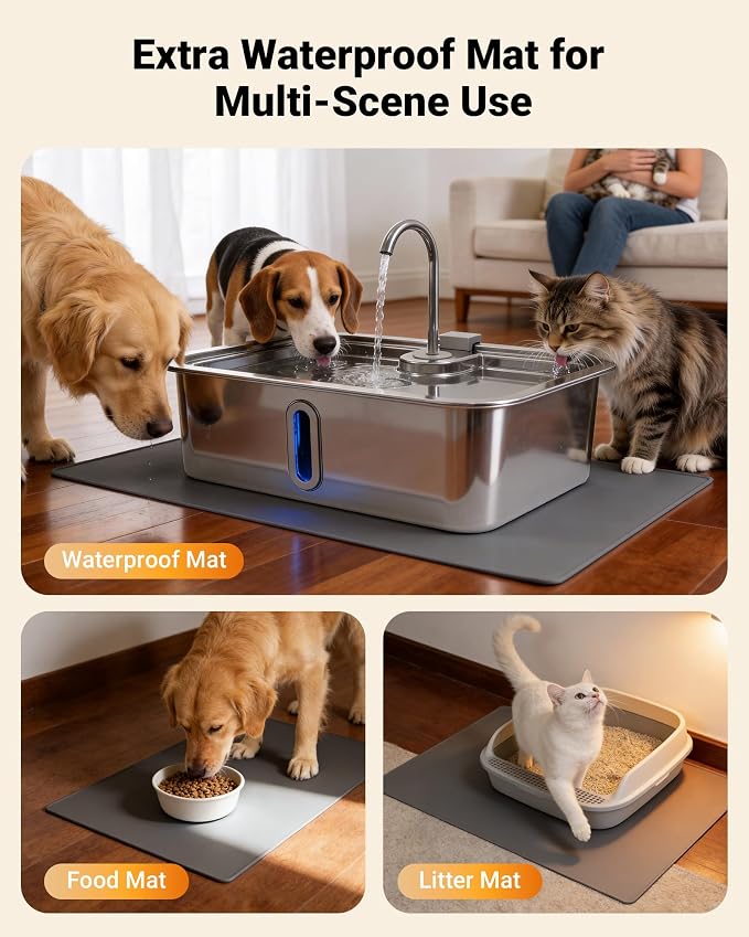 3.17Gal/12L Dog Water Fountain with Silicone Mat & 3 Filters for Dogs Cats | Stainless Steel Multi Pet Water Dispenser, Quiet Automatic Dog Water Bowl Dispenser with Visible Window & Alert Light