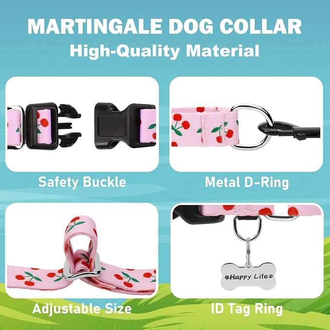 Martingale Dog Collar for Medium Dogs with Buckle No Pull Pink Girl Cute Dog Collars (Cherry, Medium)